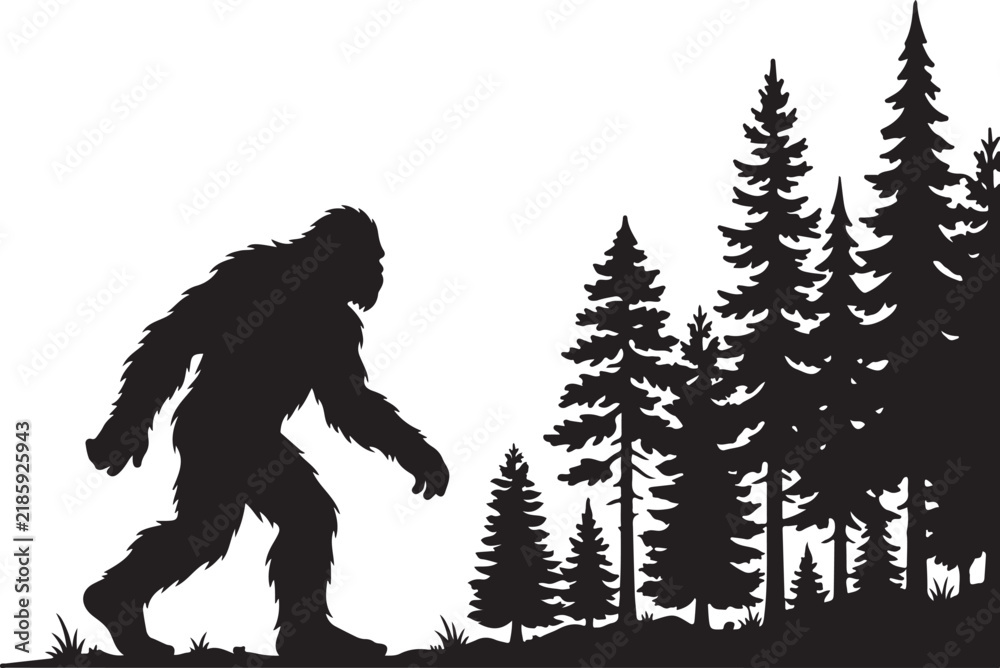 Fototapeta premium Bigfoot silhouette walking through a dark pine forest rendered in a high contrast black vector style