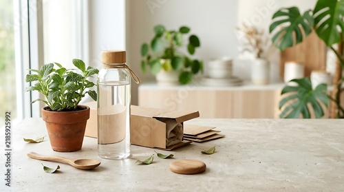 Sustainable lifestyle still life with glass water bottle, potted plant, and eco-friendly packaging on a stone table indoors