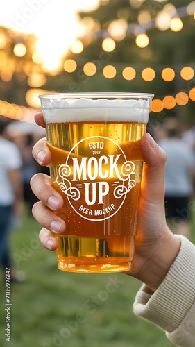 Hand holding transparent plastic cup of beer with foam and printed mockup design in outdoor festival setting with blurred lights