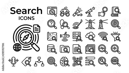 Search Icons Collection: A comprehensive set of vector icons representing search, research, and data analysis, including magnifying glass, compass, globe, database, and network symbols.