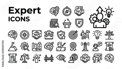 Expert Icons Set: A comprehensive collection of line art icons representing various expert concepts and business ideas, ideal for presentations and infographics.