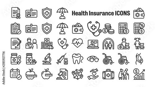 Health Insurance Icons Collection: A comprehensive set of vector line icons representing various aspects of health insurance, including medical care, financial planning, and patient well-being.