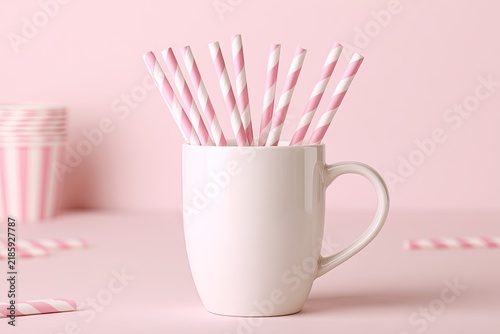 White mug holds striped pink-white straws; pink background