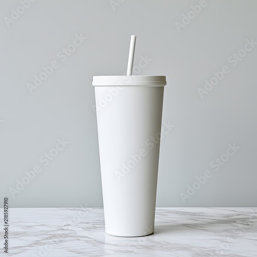 Clean, minimalist white tumbler with straw on marble surface
