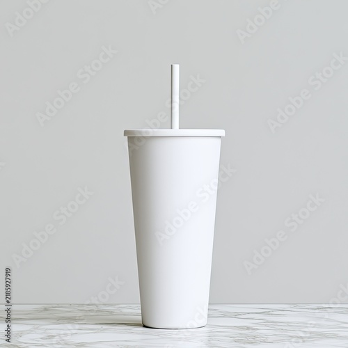 White tumbler with straw on marbled surface, clean studio shot