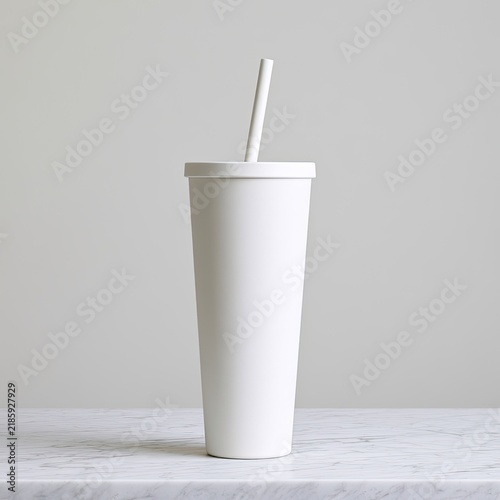 A matte white tumbler with a straw sits on a marble surface