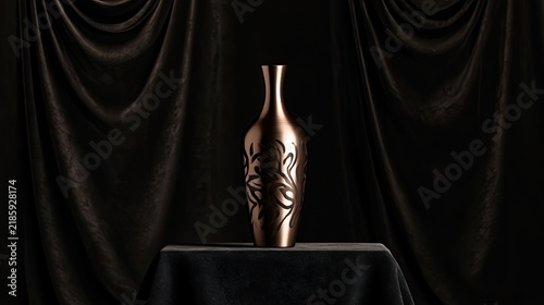 Elegant bronze vase with etched floral patterns on a draped dark background