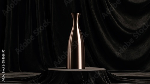 Polished metallic vase on display stand against draped dark fabric