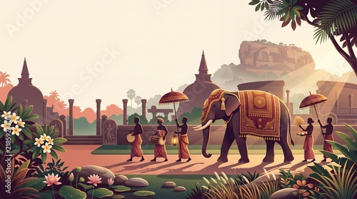 Illustrated Sri Lanka Cultural Procession with Decorated Elephant and Traditional Performers Landmark Travel