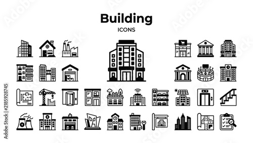 Building Icons Set: A collection of diverse building icons, including residential, commercial, industrial, and public structures, presented in a clean.