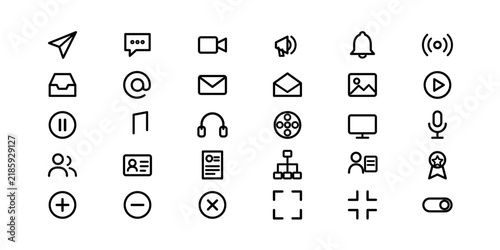 Modern Minimalist Communication black outline icons set on white background with editable stroke. With icons covering notification, recruitment, email and more. Editable stroke. Vector