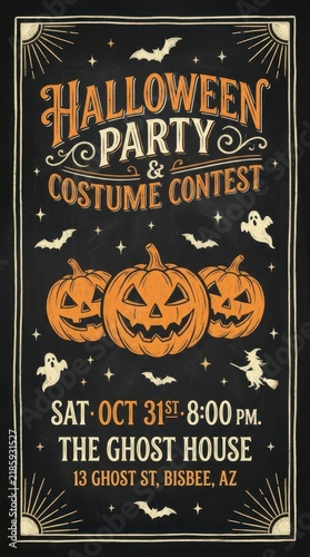 Vintage Halloween Party and Costume Contest Flyer with Jack-o'-Lanterns, Bats, and Ghosts on Chalkboard Background