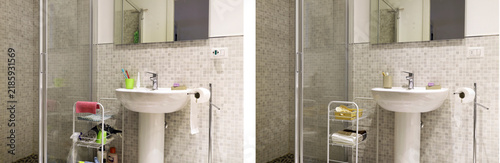 Bathroom cleaning before after result with sink and shower. Messy small restroom transformation into organized tidy clean space. Professional home decluttering and hygiene maintenance ideas for stock.