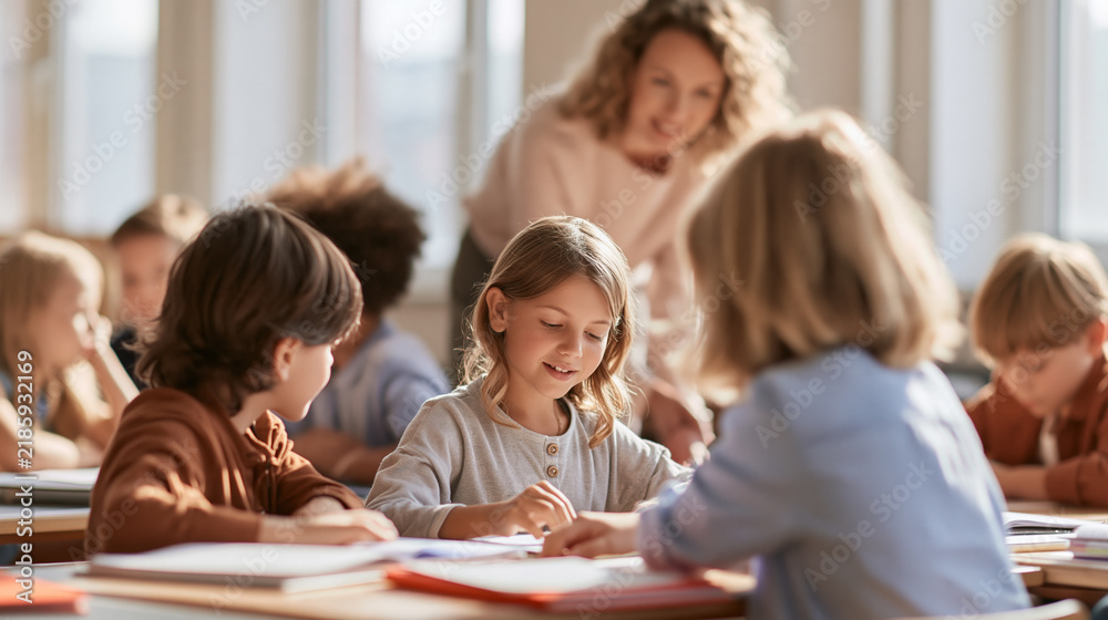 Obraz premium Elementary school children learning together in classroom with teacher helping students during lesson