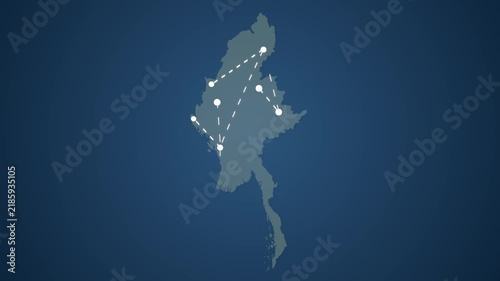 Myanmar Network Map with Straight Lines Connecting Locations for Signal Transfer
