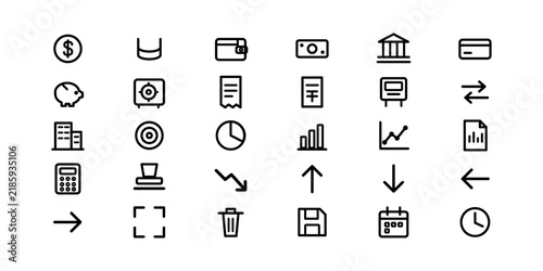 Modern Finance line editable icon set, black icons on white. Contain icons related to report, investment, transfer, payment, up, profit, banking, and more. Editable stroke. Vector illustration