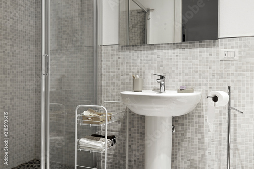 Bathroom renovation process with new ceramic tiles mosaic wall. Modern restroom remodeling showing white pedestal sink and glass shower cabin. Professional tiling work home improvement interior design