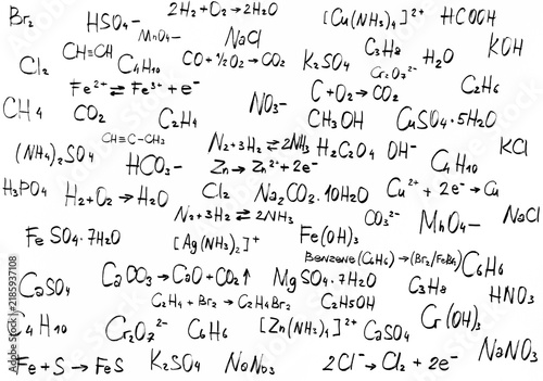 Handwritten chemical formulas and equations on a scientific background