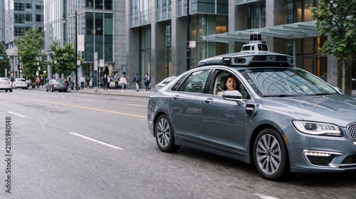 Asian woman commuter riding inside autonomous self driving vehicle on downtown road. Smiling female passenger traveling in modern robotic taxi equipped with sensor roof technology.