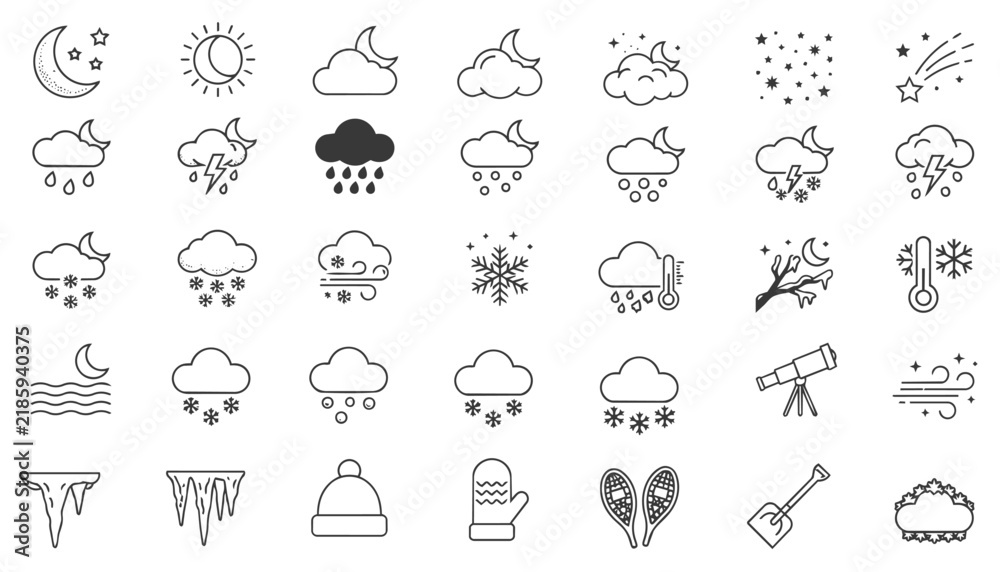 Obraz premium 35 Black Line Art Icons Depicting Weather, Seasons, Natural Phenomena, and the Environment
