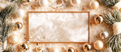 Elegant golden frame decorated with pine branches and gold ornaments, luxury holiday border mockup for invitations, menus, greeting cards and other text overlay designs.