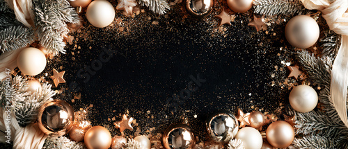 Black velvet mockup with Christmas ornament, shimmer, artificial snow and pine branches arranged around clear copy space. Flat lay composition for Christmas and New Year backgrounds and advertising.