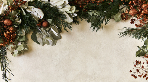 Festive botanical Christmas mockup with space for text, with pine branches, white berries and decorative brown shimering ornament.