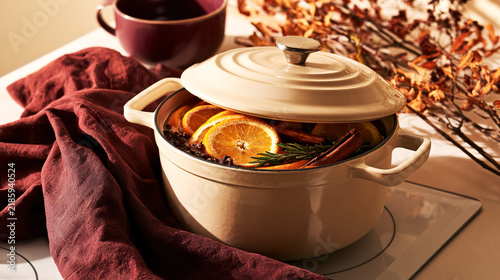 Pot of mulled wine with citrus and spices beside natural autumn decor. Warm winter drink scene for mulled wine recipes, food blogs, seasonal menus.