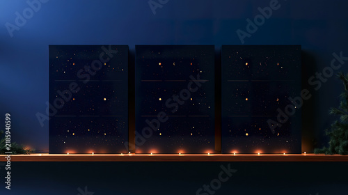 Cosmic Advent calendar with dark navy panels, glowing lights and garland. Christmas composition for countdown traditions, Advent customs, holiday gifting and winter celebration