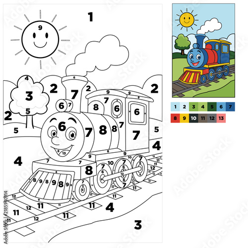 Fun train color by number page for kids! Helps toddlers and preschoolers learn numbers and colors with a cute steam engine drawing. Great printable activity for home or school