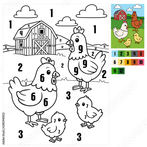 Fun farm animals color by number worksheet featuring cute chickens, hens, and chicks. Perfect printable educational activity for preschool and kindergarten kids 