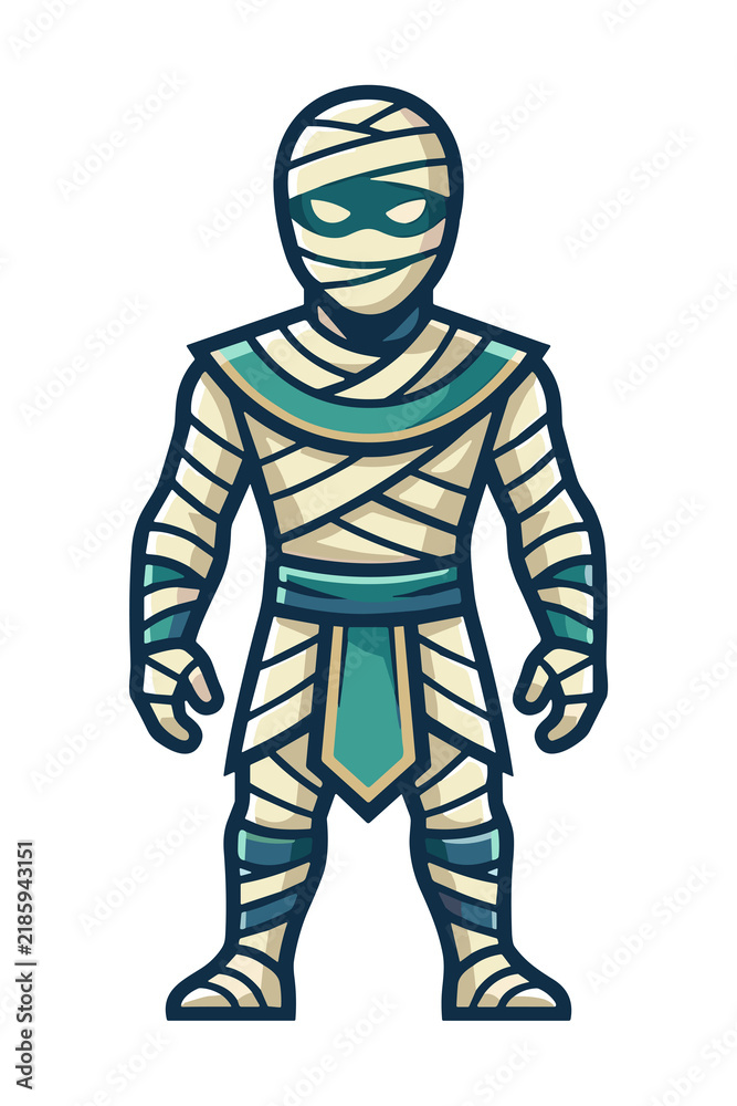 Obraz premium Cartoon mummy character wrapped in bandages with teal accents