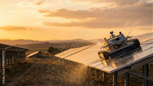 Robotic machine cleaning solar panel with water spray at sunset. Automated robot washing photovoltaic panels in solar farm.