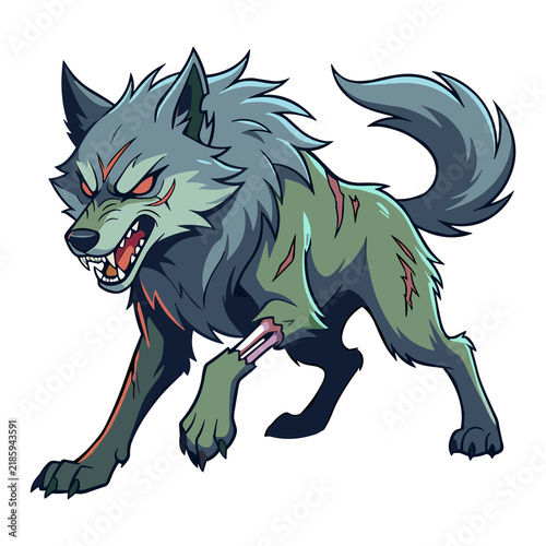 Fearsome zombie wolf with glowing red eyes and tattered fur prowling menacingly