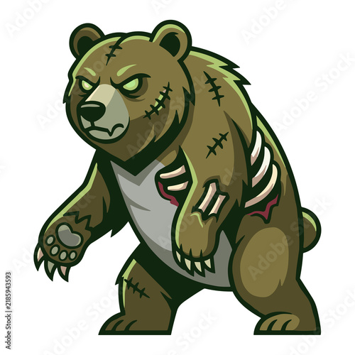 Fearsome zombie bear with glowing green eyes and exposed ribs