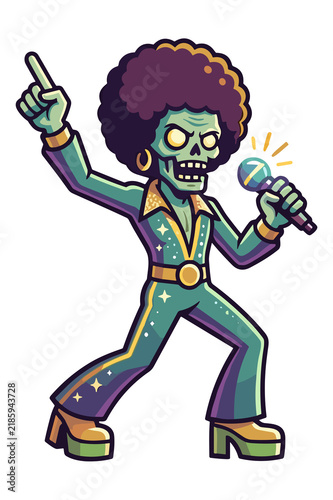 Groovy zombie singer with afro and disco outfit performing on stage