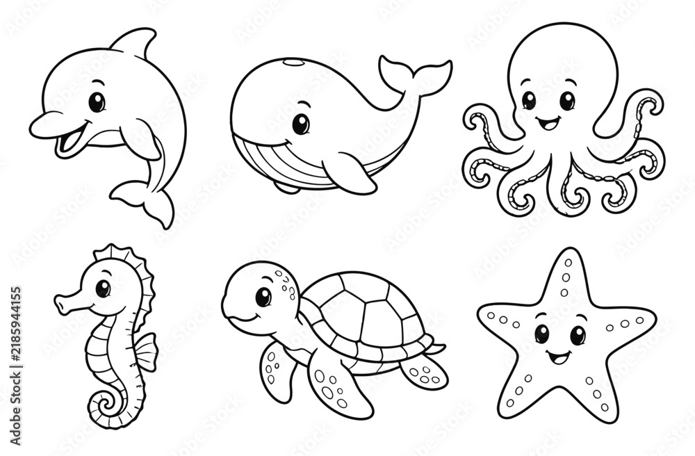 Fototapeta premium Set of Funny Cartoon Animals Vector Illustrations with Fish, Birds, Octopus, Dolphin, Turtle and Elephant Characters for Cute Nature, Ocean, Pets and Wildlife Design