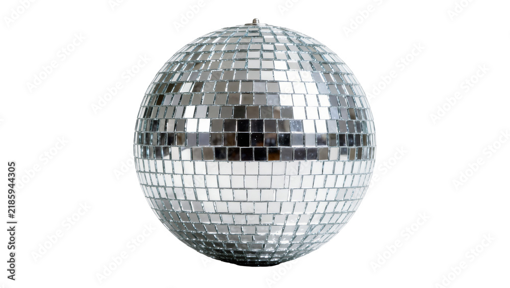 Fototapeta premium Shiny silver disco ball covered in mirrored squares, isolated on transparent background