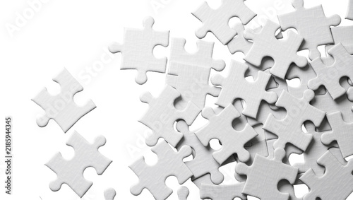 Canvas Print Scattered white jigsaw puzzle pieces, isolated on transparent background