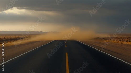 Desert Road Dust Storm: An empty asphalt road stretches through a barren desert landscape under a stormy sky, with a thick dust cloud billowing across the pavement, obscuring the horizon.