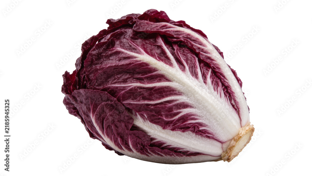 Fototapeta premium Fresh radicchio head with deep purple leaves and white veins, isolated on transparent background