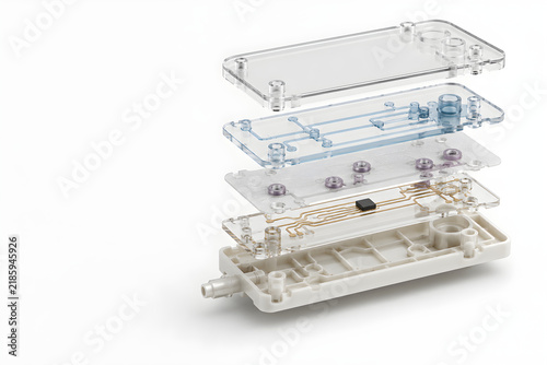 Obraz na płótnie Exploded Microfluidic Chip Assembly with Layered Channels and Integrated Electronics for Diagnostics