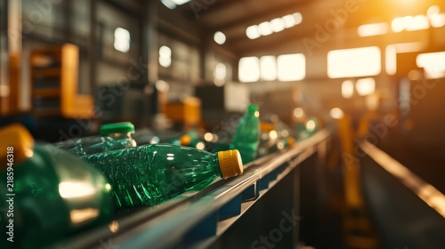 Recycling Plant Conveyor Belt: Rows of plastic bottles move along a conveyor belt inside a factory, symbolizing the process of recycling and industrial production.
