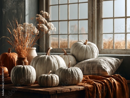 Pumpkins and autumn decorations for halloween, bright daylight through large windows, ultra realistic photography, designed for social media content