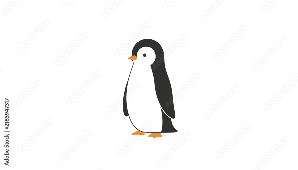 Fototapeta premium Adorable cartoon penguin standing peacefully in a cute side profile pose against a simple clean white background.