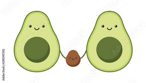 Cute cartoon avocado family consisting of two parent halves and a little seed baby holding hands on a plain white background.
