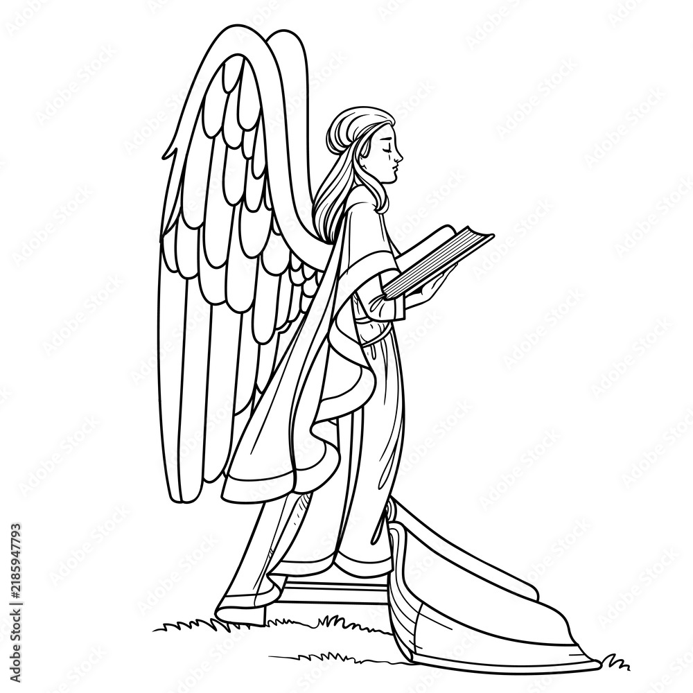 Fototapeta premium Line drawing of an angel statue with wings and a book on a white background