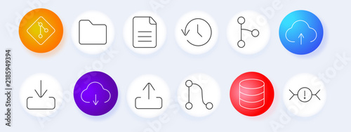 Version Control set icon. Branch diamond, folder archive, document page, clock cycle, share nodes, cloud upload, download arrow, cloud download, upload arrow, path curve, database cylinder, error