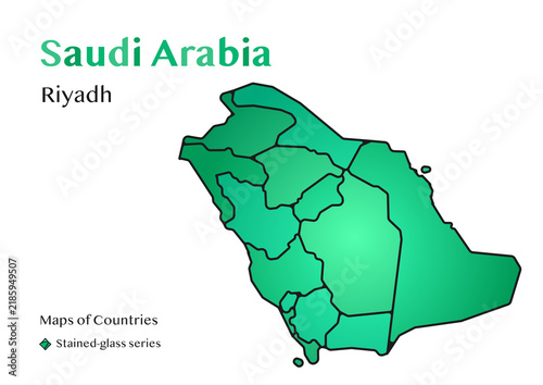 Stained Glass Map of Saudi Arabia with Regional Borders and Capital Riyadh Name Label