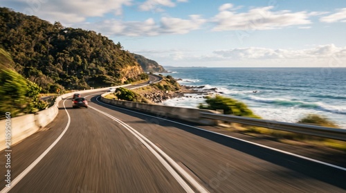 Scenic coastal road winding along the ocean cliffs with cars driving on a sunny day